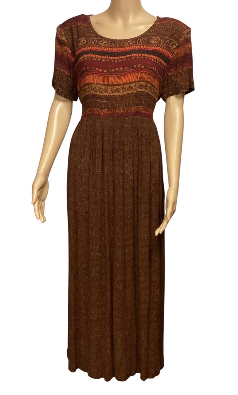 Vintage Boho Maxi Dress Brown Rust Tribal Print Empire Waist Short Sleeve M